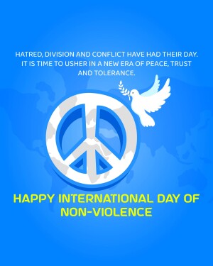 Peace symbol with a dove over a world map, promoting peace and non-violence.