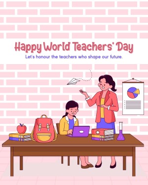 Illustration of a teacher and student with school supplies, celebrating World Teachers' Day.