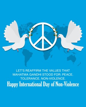 Peace doves and peace symbol with a world map background and text commemorating International Day of Non-Violence.