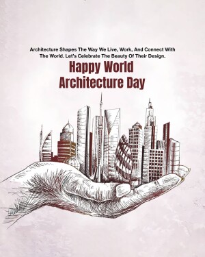 Illustration of a hand holding a cityscape to celebrate World Architecture Day.