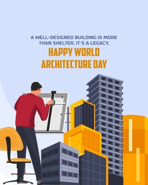 Illustration of an architect working on a blueprint with city buildings in the background, celebrating Architecture Day.