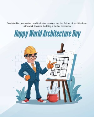 Illustration of an architect presenting a building plan on World Architecture Day.
