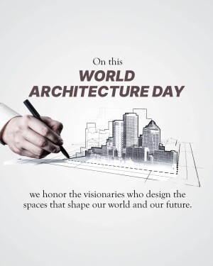 World Architecture Day graphic with a hand drawing a cityscape
