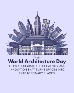 Illustration of a city skyline arranged in a semi-circle with text celebrating World Architecture Day.