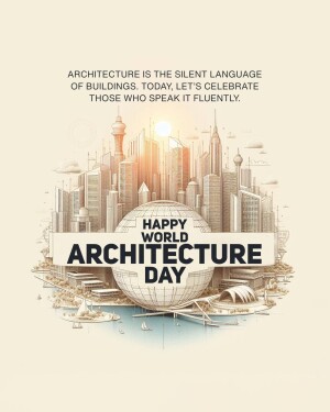 Illustration of a cityscape forming a globe with the text 'Happy World Architecture Day'