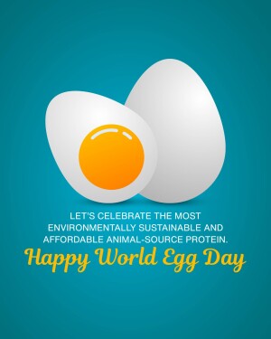 Illustration of two eggs, one cracked open showing the yolk, with text celebrating World Egg Day.