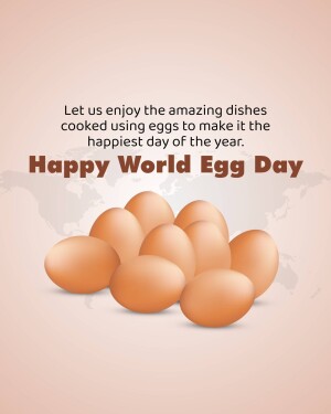 Image celebrating World Egg Day with a pile of eggs and a world map background.