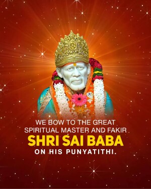 Image of Shri Sai Baba with a golden crown and floral garland, with text commemorating his Punyatithi.