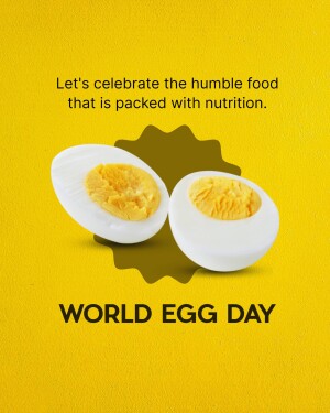 Image promoting World Egg Day with a halved and whole boiled egg on a yellow background.