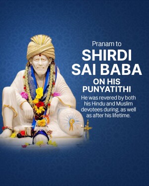 Marble statue of Shirdi Sai Baba with floral garland and text 'Pranam to Shirdi Sai Baba on His Punyatithi'