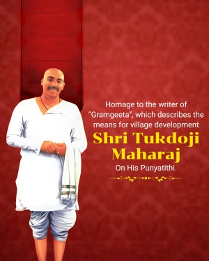 Portrait of Shri Tukdoji Maharaj with text commemorating his Punyatithi
