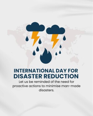 Illustration of clouds with lightning and rain over a world map, promoting International Day for Disaster Reduction.