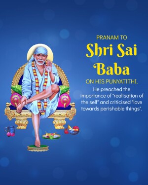Image of Shri Sai Baba with text 'Pranam to Shri Sai Baba on His Punyathithi'