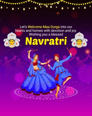 Illustration of a Navratri celebration with dancing figures and Maa Durga's image.