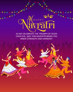 Illustration of people dancing Garba during Navratri festival with colorful lights and decorations.