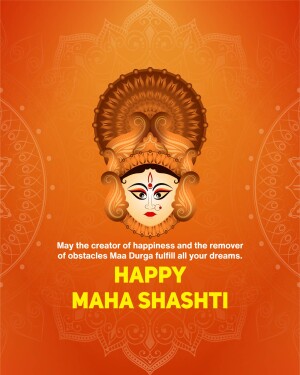 Image depicting Goddess Durga's face with a festive Maha Shashti greeting.