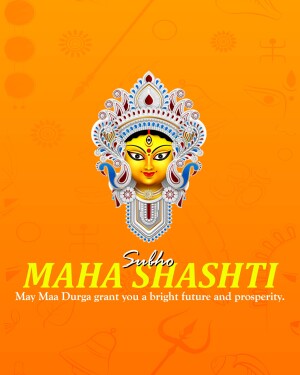 Image of Goddess Durga's face with 'Subho Maha Shashti' text