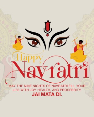 Navratri festival greeting with Goddess Durga's eyes and dancers