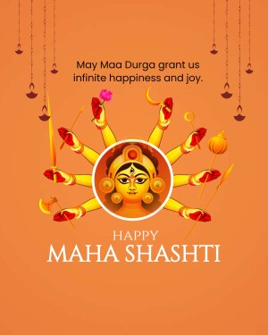 Illustration of Goddess Durga's hands holding various symbolic items with the text 'Happy Maha Ashtami'