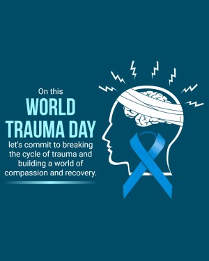 Illustration depicting a head wrapped in bandages with lightning bolts and a blue ribbon for World Trauma Day.
