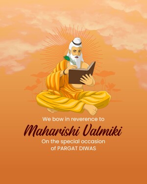 Illustration of Maharishi Valmiki reading a book with a radiant halo and text honoring Paragat Diwas.