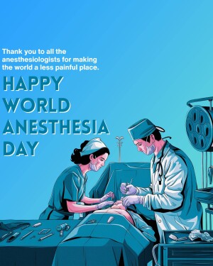 Illustration of anesthesiologists working in an operating room with text 'Happy World Anesthesia Day'