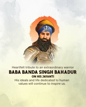 Portrait of Baba Banda Singh Bahadur with text commemorating his Jayanti