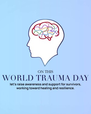 Illustration of a head silhouette with colorful brain connections and text 'World Trauma Day'