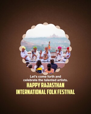 Rajasthani folk musicians performing with a scenic background and festival text overlay.