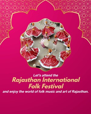 Rajasthan International Folk Festival poster with dancers in traditional attire