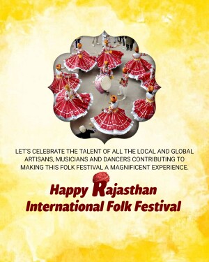 Rajasthan International Folk Festival poster with traditional dolls and text