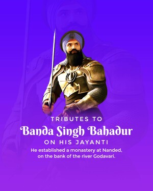 Portrait of Banda Singh Bahadur with text commemorating his Jayanti