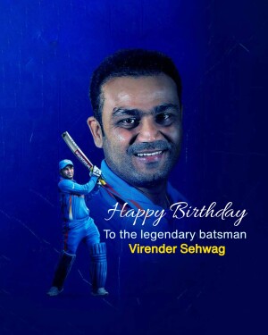 Portrait of Virender Sehwag with a cricket background and birthday wishes.
