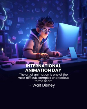 A stylized 3D illustration of a young animator working at a computer, with floating papers and lightning bolts in the background, celebrating International Animation Day.