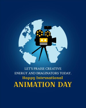 Illustration of a film camera on a tripod in front of a world map with text celebrating International Animation Day.