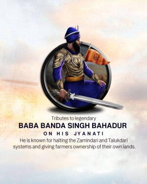 Portrait of Baba Banda Singh Bahadur with text commemorating his Jayanti