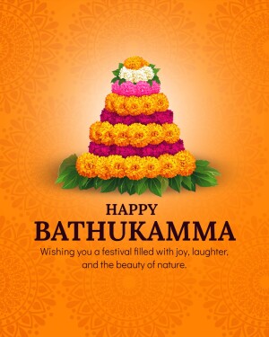 Colorful Bathukamma floral arrangement with festive greetings