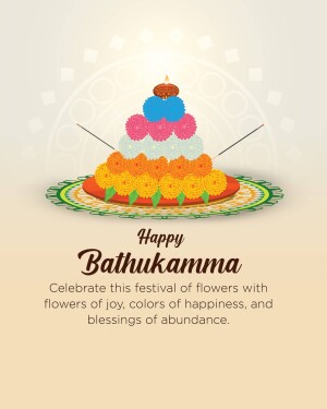 Colorful Bathukamma floral arrangement with festive greetings