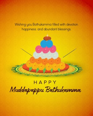 Colorful Bathukamma floral arrangement with festive greetings