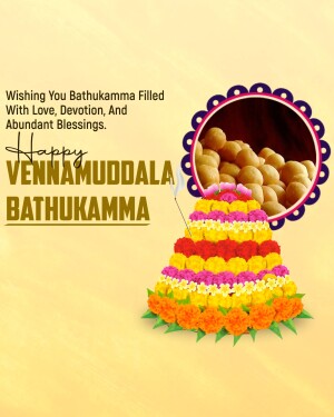 Bathukamma festival greeting with flower pyramid and sweets