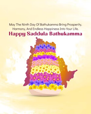 Colorful Bathukamma floral arrangement with a map of Telangana in the background