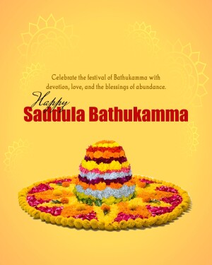 Colorful Bathukamma floral arrangement with festive text