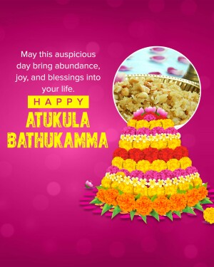 Bathukamma festival greeting with colorful flowers and traditional sweets