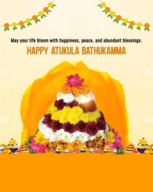 Atukula Bathukamma festival greeting with floral pyramid