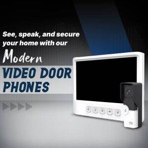 Image of a modern video door phone system with a white monitor and camera.