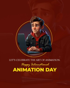 A digital illustration of a young man with a laptop, celebrating International Animation Day.