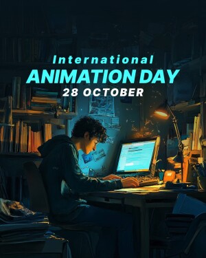 A digital illustration celebrating International Animation Day with a young animator working at a desk.