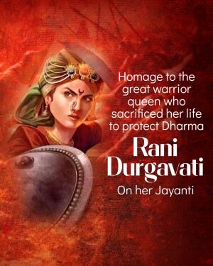 Portrait of Rani Durgavati, a warrior queen, with a fiery background and text honoring her sacrifice.