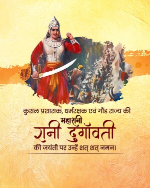 Portrait of Rani Durgavati, a Gond queen, with a battlefield scene in the background and text in Hindi.