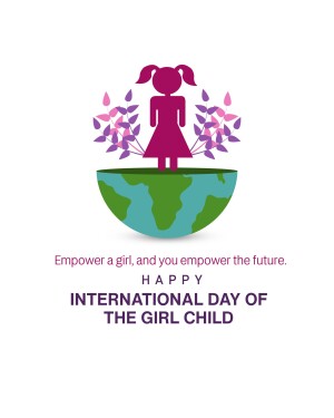 Illustration of a girl standing on a globe with floral elements, celebrating International Day of the Girl Child.